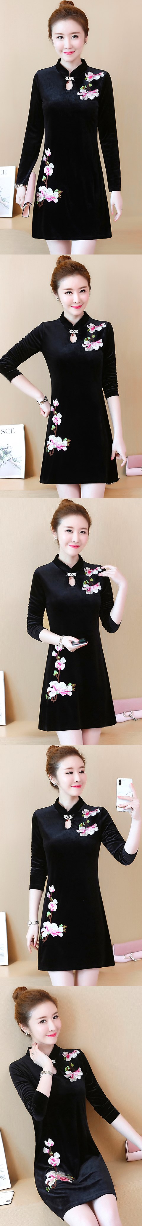 Long-sleeve A-line Velvet Cheongsam (RM)