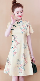 Flutter-sleeve Mid-length Exquisite Printing Cheongsam (RM)