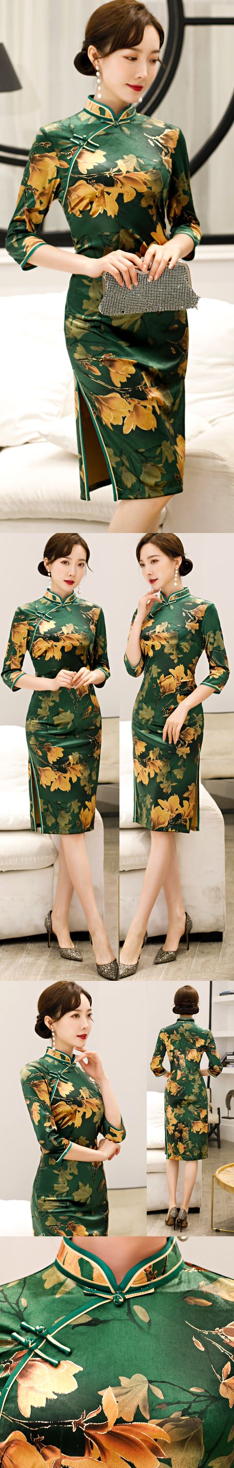 3/4-sleeve Mid-length Velvet Cheongsam (RM)