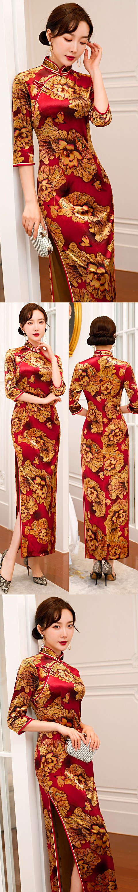 Elbow-sleeve Long-length Velvet Cheongsam (RM)