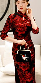 Elbow-sleeve Long-length Velvet Cheongsam (RM)