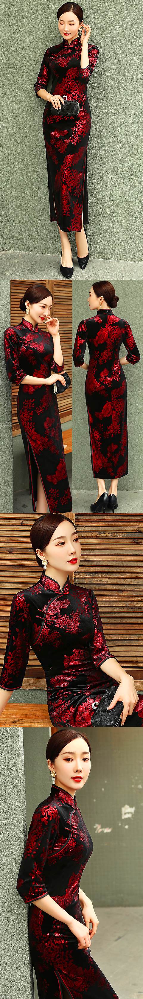 Elbow-sleeve Long-length Velvet Cheongsam (RM)