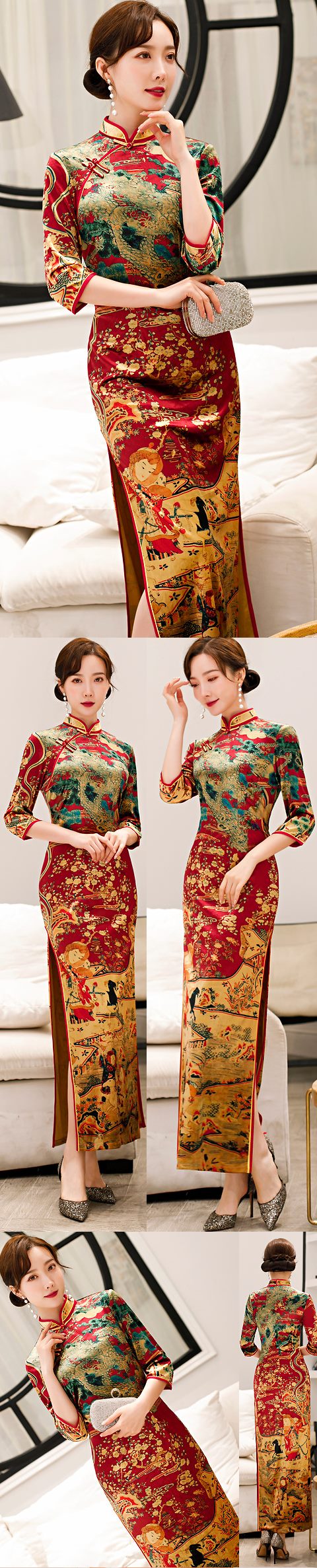 Elbow-sleeve Long-length Velvet Cheongsam (RM)