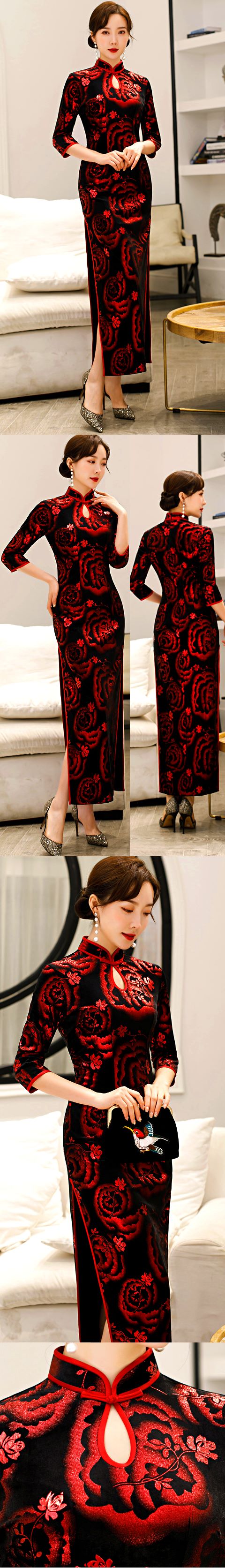 Elbow-sleeve Long-length Velvet Cheongsam (RM)