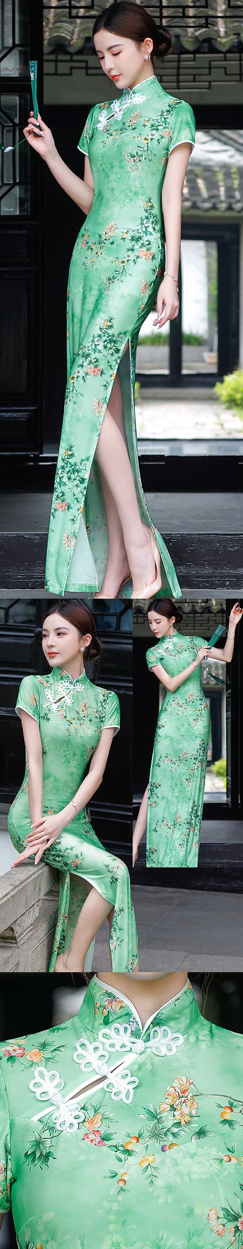Lace Gauze Long-length Short-sleeve Cheongsam (RM)