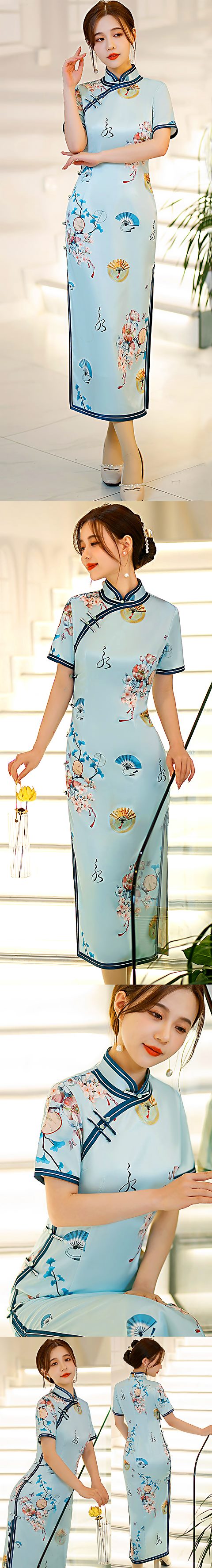 Short-sleeve Long-length Silky Cheongsam (RM)