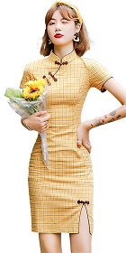 Cotton Linen Short-length Checkered Cheongsam Dress (RM)