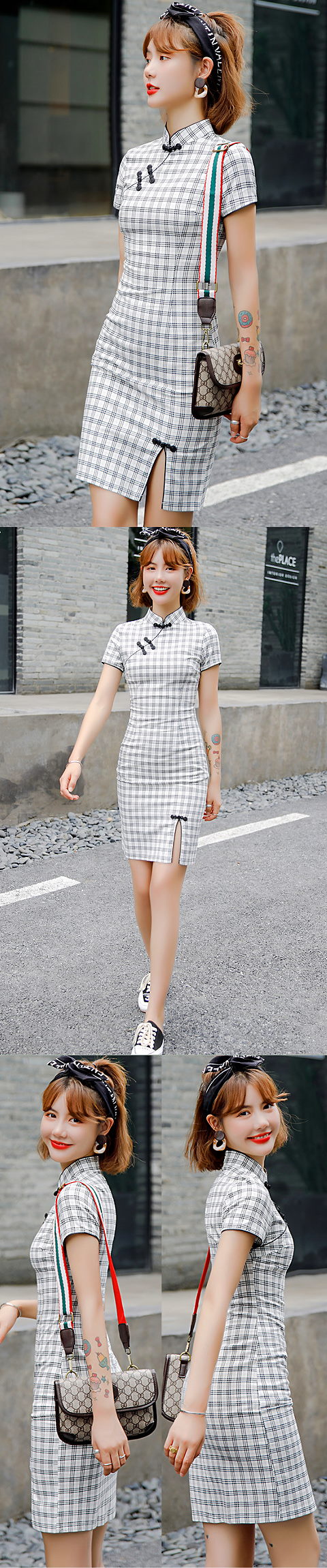 Cotton Linen Short-length Checkered Cheongsam Dress (RM)