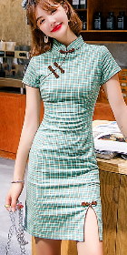 Cotton Linen Short-length Checkered Cheongsam Dress (RM)