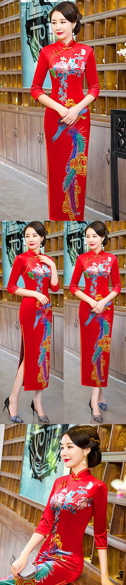 3/4-sleeve Long-length Velvet Cheongsam (RM)