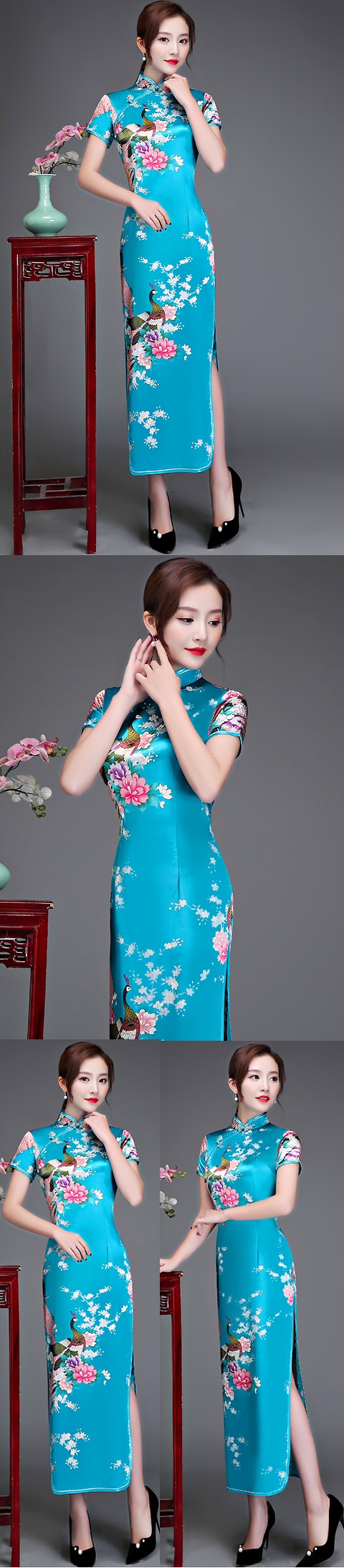 Short-sleeve Long-length Silky Cheongsam (RM)