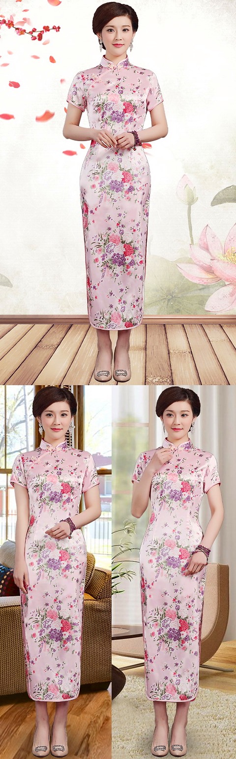 Short-sleeve Long-length Silky Cheongsam (RM)