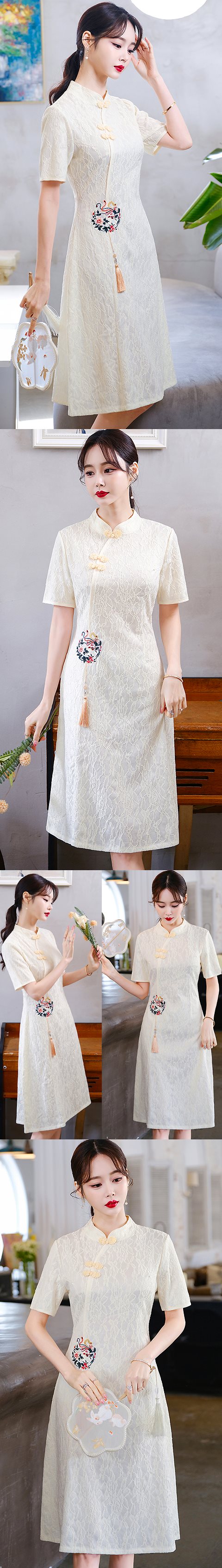Modernized Short-sleeve Embroidery Gauze Mid-length Cheongsam (RM)