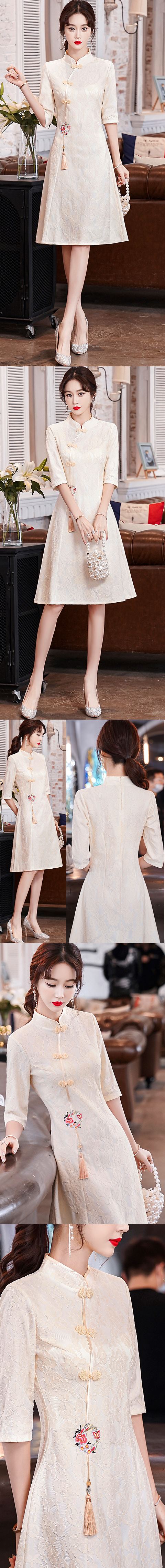 Modernized Elbow-sleeve Embroidery Gauze Mid-length Cheongsam (RM)