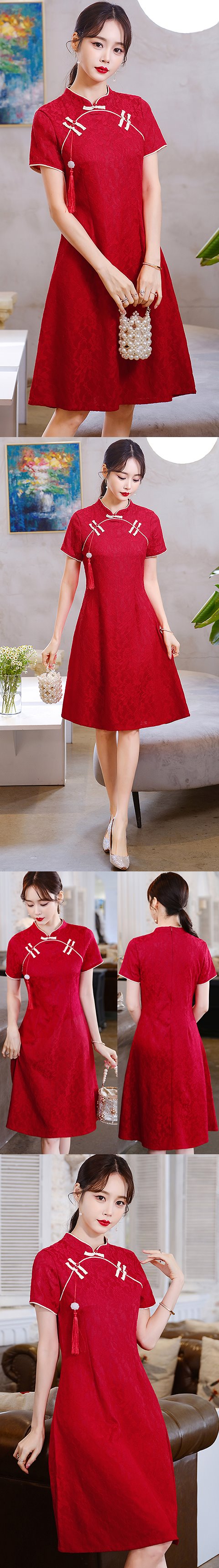 Modernized Short-sleeve Embroidery Gauze Mid-length Cheongsam (RM)