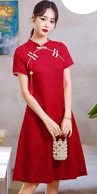 Modernized Short-sleeve Embroidery Gauze Mid-length Cheongsam (RM)