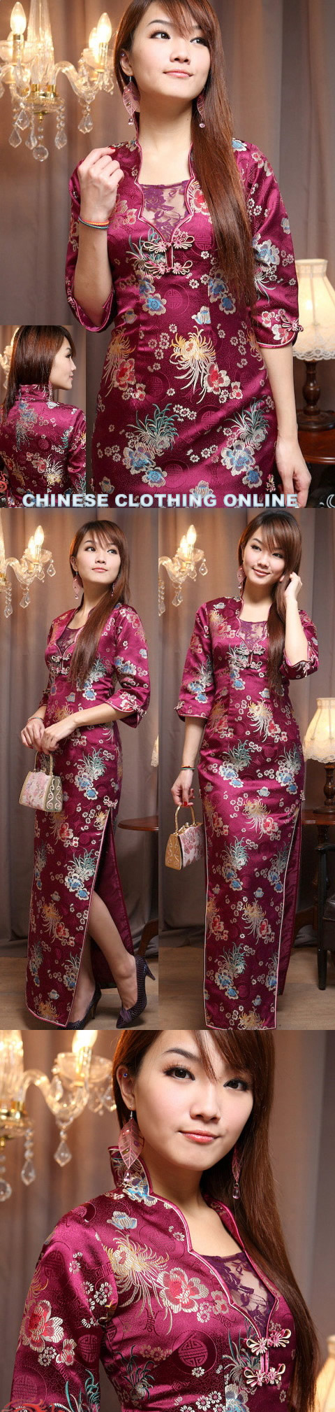 Elbow-sleeve Front Gauze Long-length Cheongsam (CM)