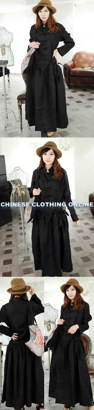 Ethnic Long-sleeve Standing Collar Loose Dress (CM)