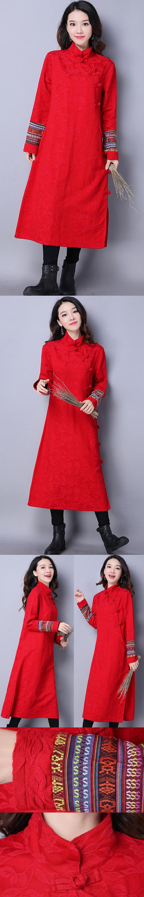 Ethnic Long-length Embroidery-sleeve Dress - Red