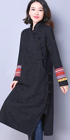 民族風刺繡袖長身連衣裙-黑色 (成衣)