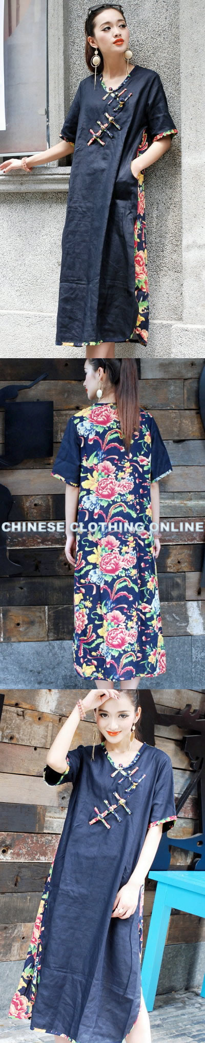 Ethnic Mid-sleeve Eye-catching Piping Loose Dress (CM)