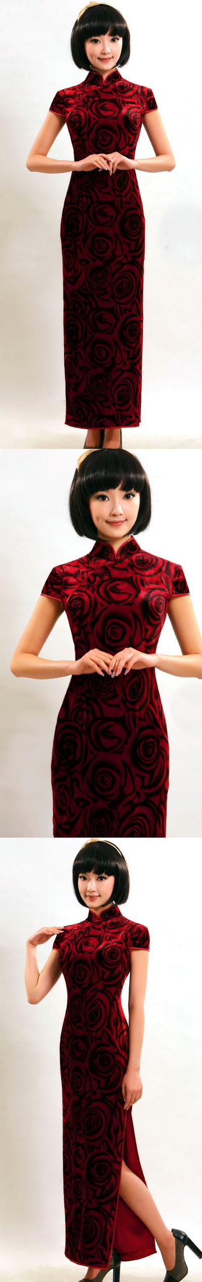 Short-sleeve Long-length Silk Velvet Cheongsam (CM)