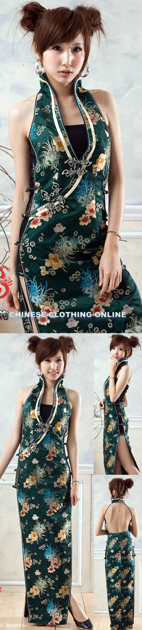 Cut-in Shoulders Deep-V Bareback Long-length Cheongsam (CM)