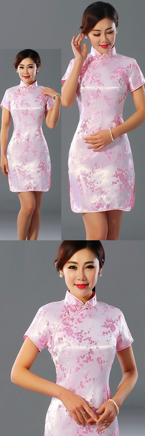 Bargain - Short-sleeve Short Brocade Cheongsam Dress - Pink