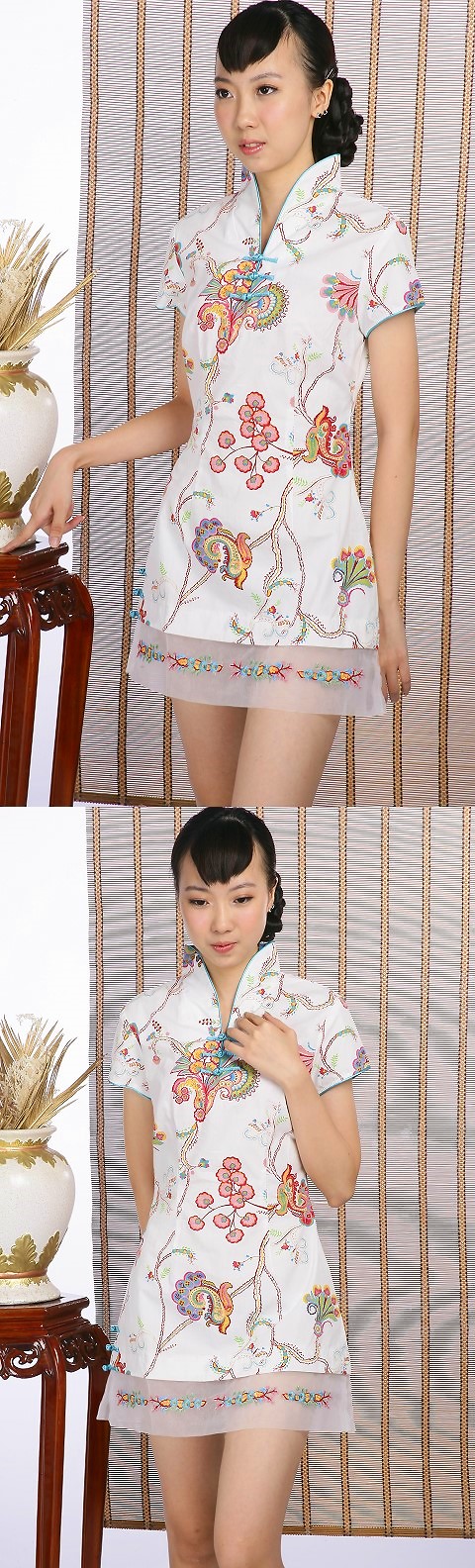 Short-sleeve Printed Pattern Cheongsam Dress (White)