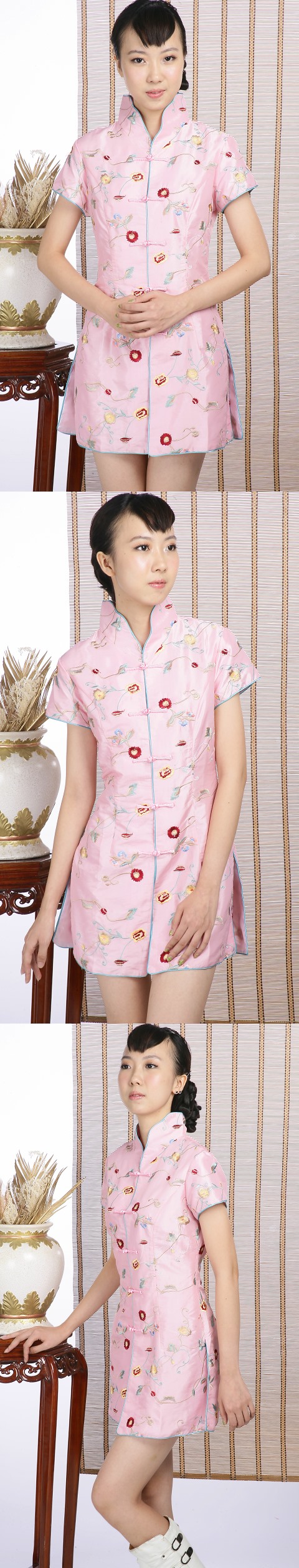Short-sleeve Floral Embroidery Mini Cheongsam Dress (Pink)