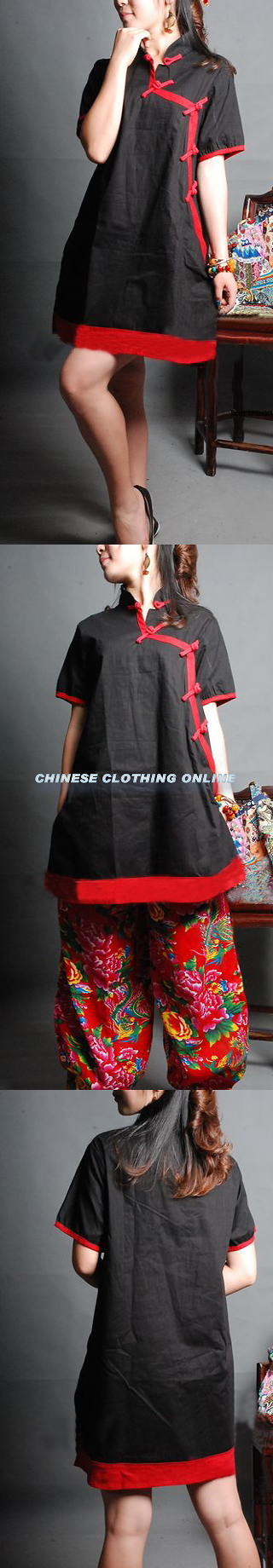 Ethnic Short-sleeve Eye-catching Piping Loose Dress (CM)