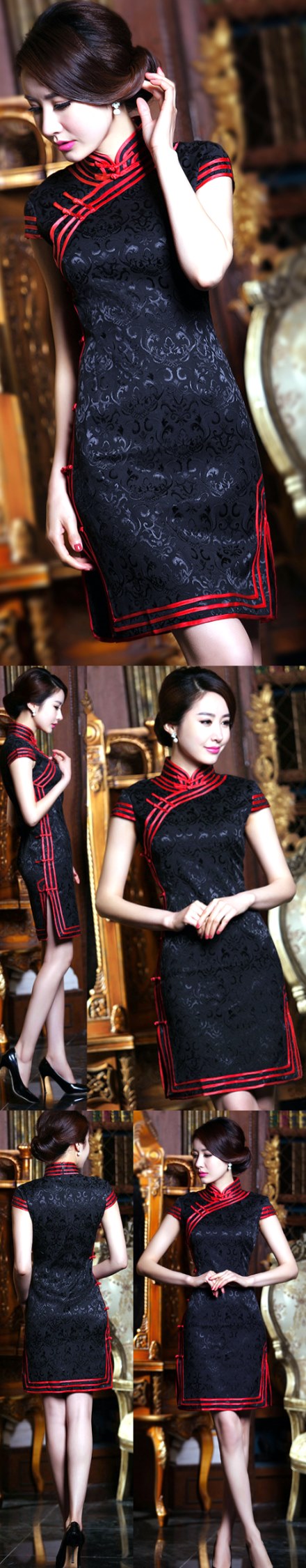 Cup-sleeve Mid-length Triple-piping Cheongsam (CM)