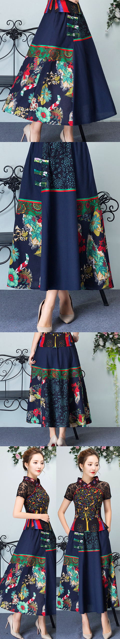 Ethnic Linen Patching Fabric Long Skirt (RM)