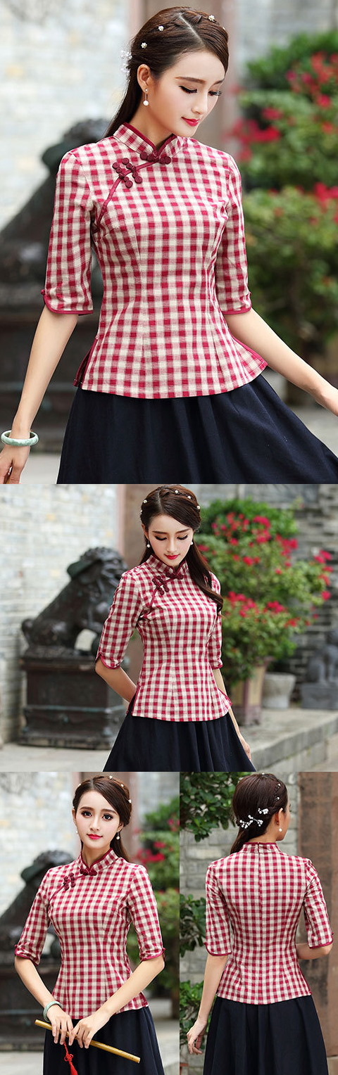 3/4-sleeve Linen-cotton Checkered Ethnic Blouse (RM)