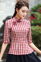 3/4-sleeve Linen-cotton Checkered Ethnic Blouse (RM)