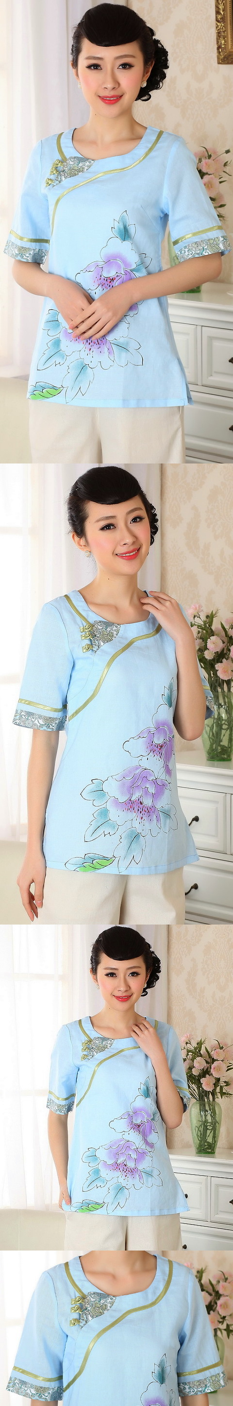 Hand-Painting Cotton Linen Mid-sleeve Blouse (RM)