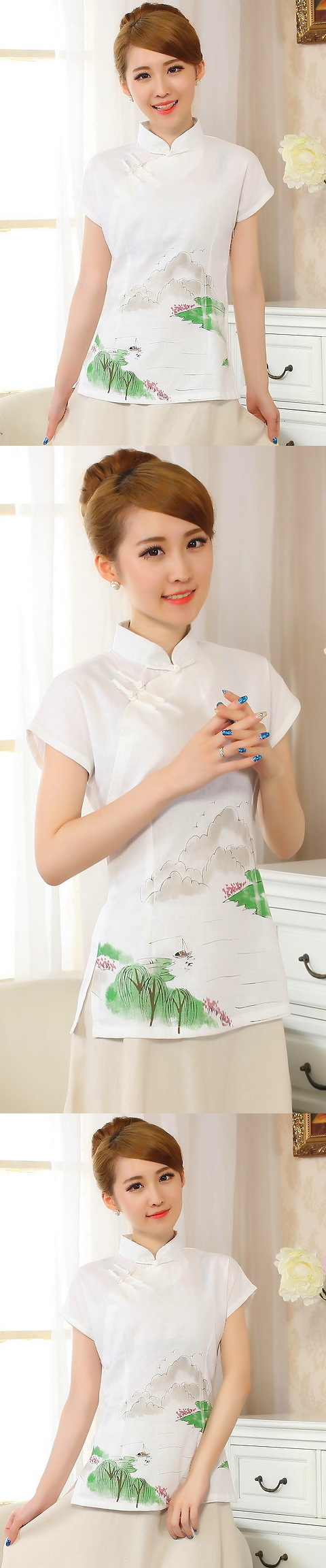 Hand-Painting Cotton Linen Short-sleeve Blouse (RM)