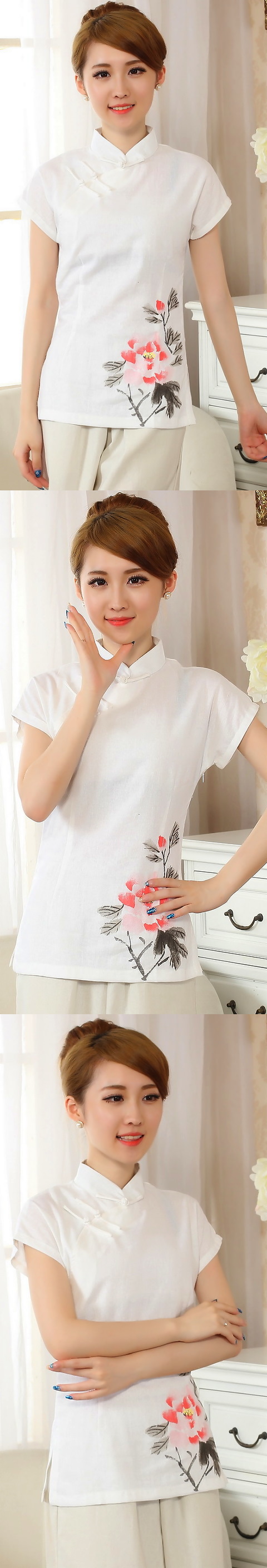 Hand-Painting Cotton Linen Short-sleeve Blouse (RM)