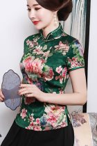 Short-sleeve Silk Printing Mandarin Blouse (RM)