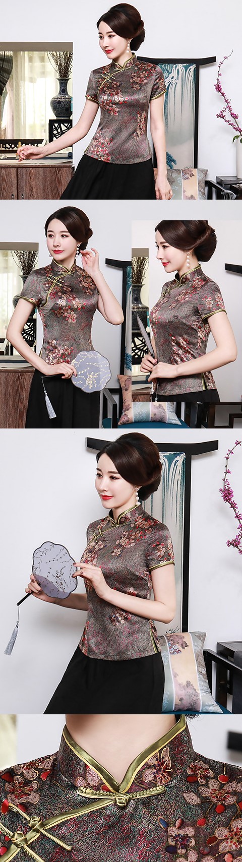 Short-sleeve Silk Printing Mandarin Blouse (RM)