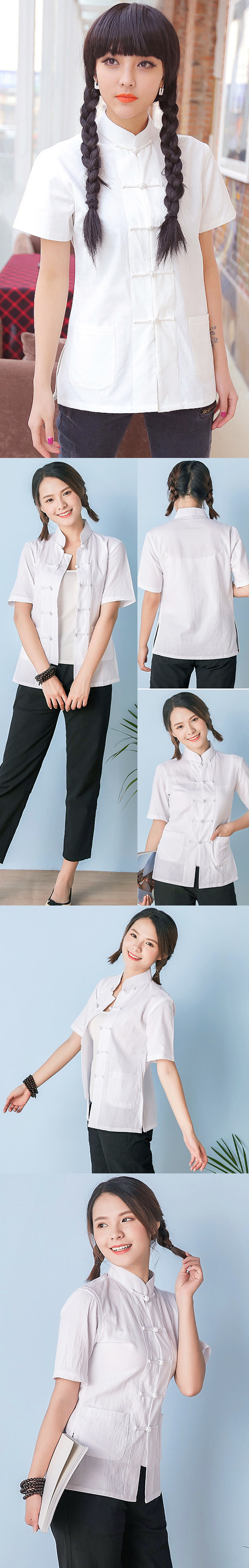 Mandarin Plain Cotton Short-sleeve Blouse (RM)