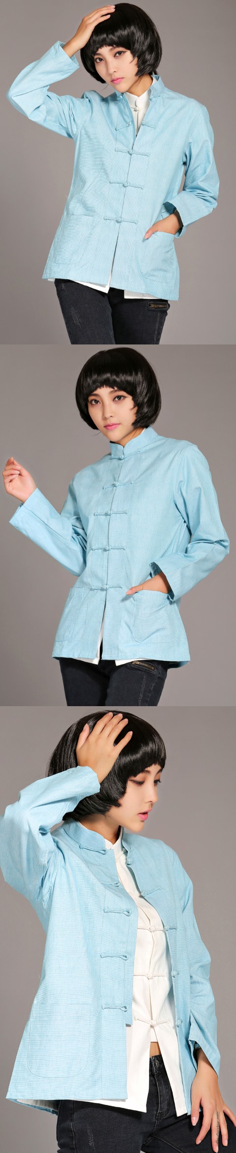 Mandarin Plain Cotton Long-sleeve Blouse (RM)