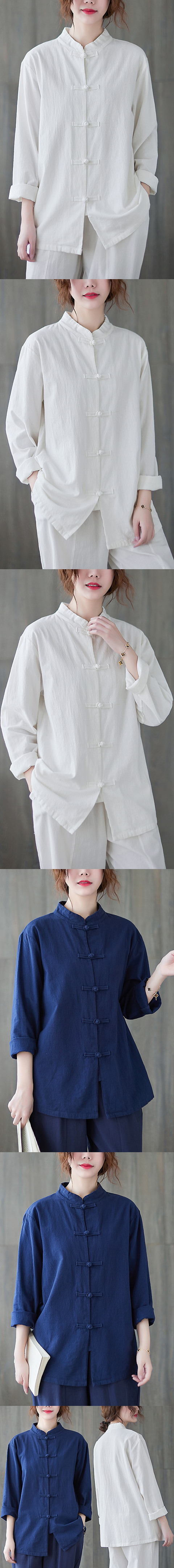 Ethnic Linen Standing-collar Long-sleeve Blouse (RM)