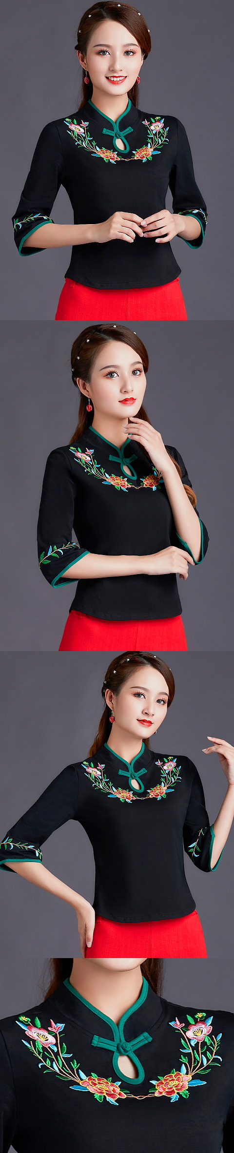 3/4-sleeve Chinese Ethnic Embroidery Blouse (RM)