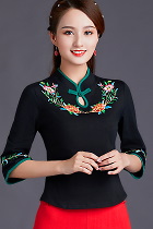 3/4-sleeve Chinese Ethnic Embroidery Blouse (RM)