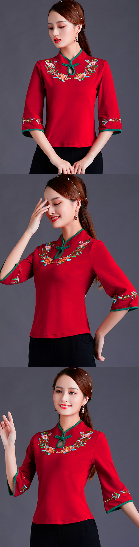 3/4-sleeve Chinese Ethnic Embroidery Blouse (RM)