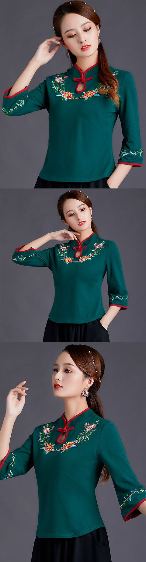 3/4-sleeve Chinese Ethnic Embroidery Blouse (RM)