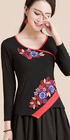 Long-sleeve Chinese Ethnic Embroidery Cotton Blouse (Ready-Made)