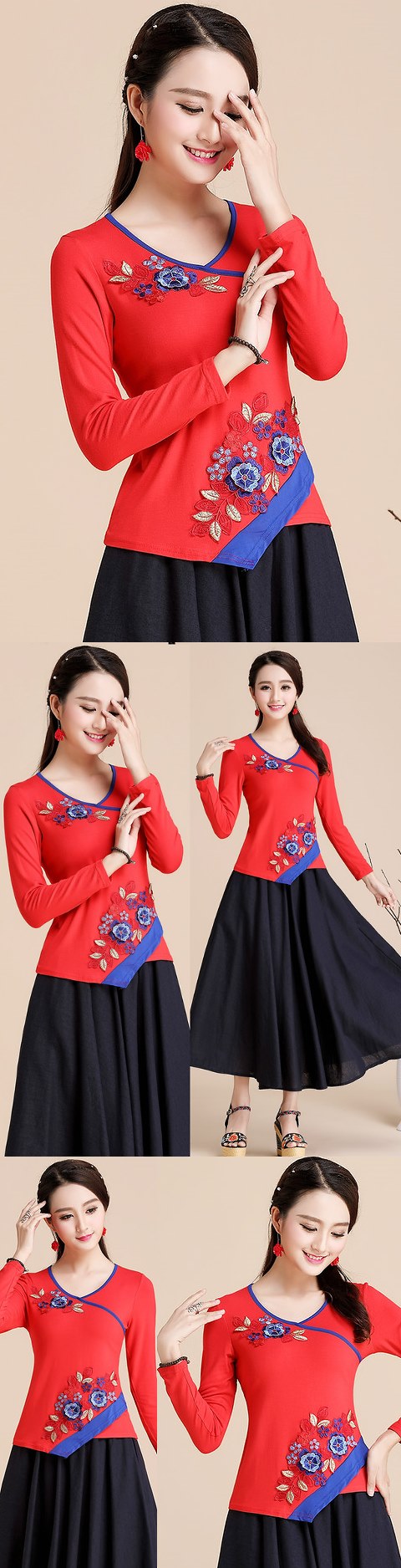 Long-sleeve Chinese Ethnic Embroidery Cotton Blouse (Ready-Made)