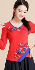 Long-sleeve Chinese Ethnic Embroidery Cotton Blouse (Ready-Made)